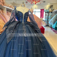 Misshow Navy Blue Tulle Quinceanera Dress Off-Shoulder Ball Gown with Lace Appliques & Tiered Ruffles for Sweet 16 & Princess Parties