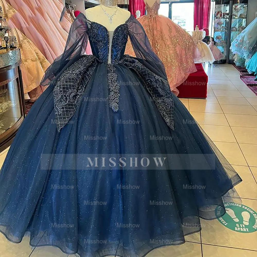 Misshow Navy Blue Tulle Quinceanera Dress Off-Shoulder Ball Gown with Lace Appliques & Tiered Ruffles for Sweet 16 & Princess Parties