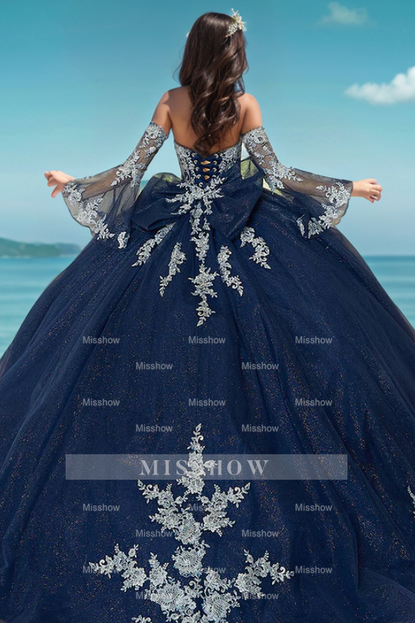 Misshow Navy Blue Tulle Quinceanera Dress Strapless Ball Gown with Detachable Bell Sleeves Beaded Appliques & Lace-Up Bow