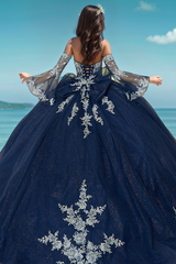 Misshow Navy Blue Tulle Quinceanera Dress Strapless Ball Gown with Detachable Bell Sleeves Beaded Appliques & Lace-Up Bow