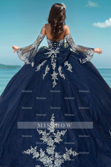 Misshow Navy Blue Tulle Quinceanera Dress Strapless Ball Gown with Detachable Bell Sleeves Beaded Appliques & Lace-Up Bow