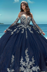 Misshow Navy Blue Tulle Quinceanera Dress Strapless Ball Gown with Detachable Bell Sleeves Beaded Appliques & Lace-Up Bow