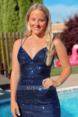 Misshow Navy Sequins Backless Tight Homecoming Dress/Mini Dress