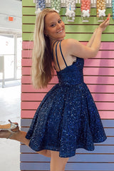 Misshow Navy Sequins One Shoulder A-Line Short Homecoming Dress/Mini Dress