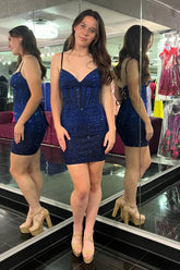 Misshow Navy Sparkly Beaded Corset Lace-Up Back Tight Short Homecoming Dress/Mini Dress
