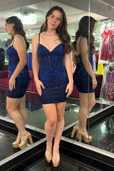 Misshow Navy Sparkly Beaded Corset Lace-Up Back Tight Short Homecoming Dress/Mini Dress