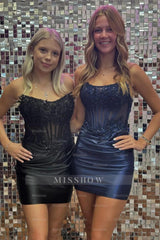 Misshow Navy Strapless Tight Corset Short Homecoming Dress/Mini Dress with Lace
