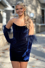 Misshow Navy Strapless Velvet Ruched Tight Short Corset Homecoming Dress/Mini Dress without Gloves