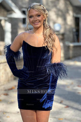 Misshow Navy Strapless Velvet Ruched Tight Short Corset Homecoming Dress/Mini Dress without Gloves