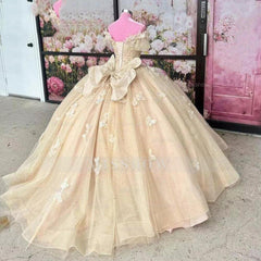 Misshow Off-Shoulder Ball Gown 3D Butterfly Lace Appliques & Beaded Champagne Tulle Quinceanera Dress for Sweet 16