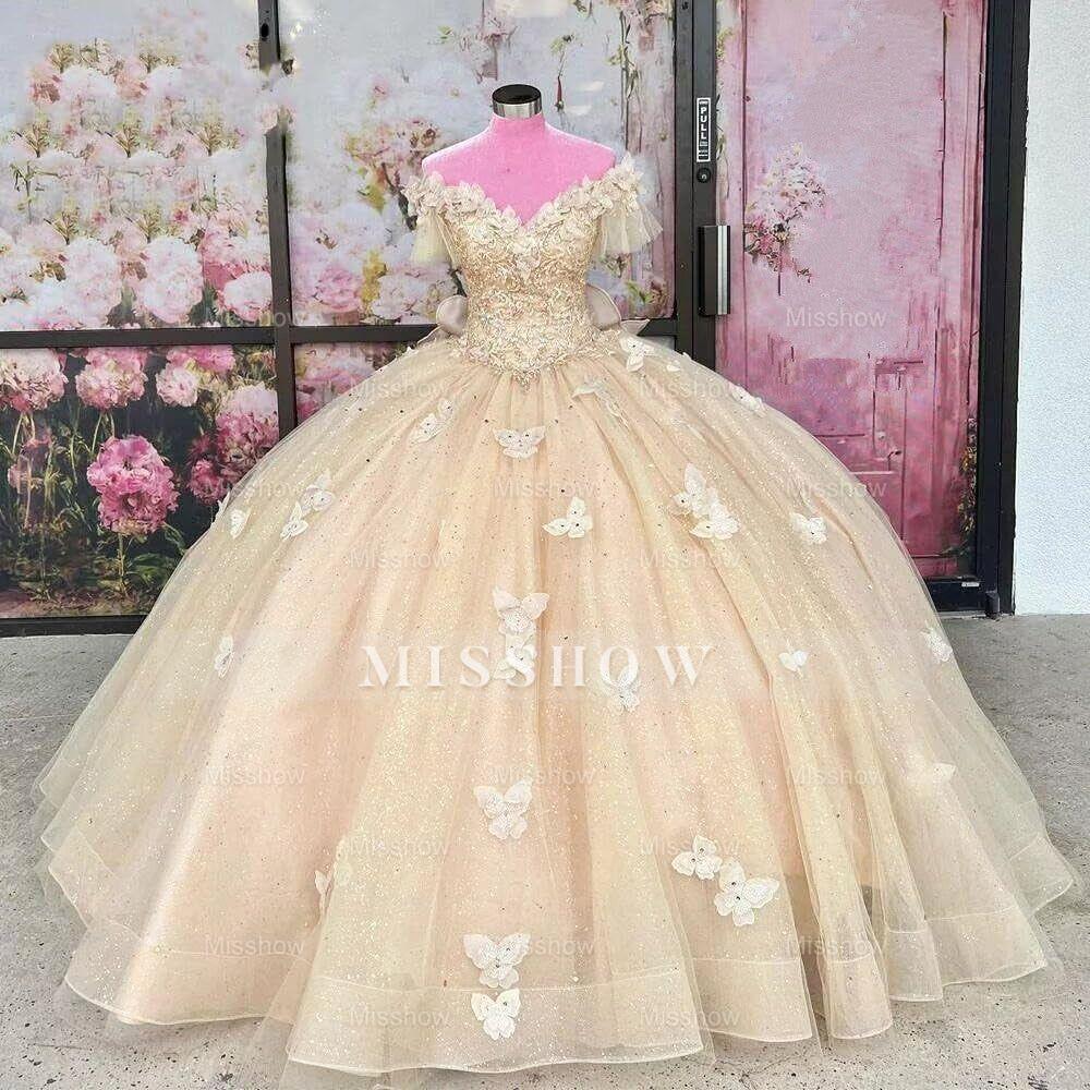Misshow Off-Shoulder Ball Gown 3D Butterfly Lace Appliques & Beaded Champagne Tulle Quinceanera Dress for Sweet 16