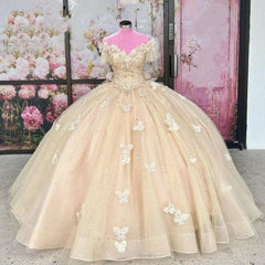 Misshow Off-Shoulder Ball Gown 3D Butterfly Lace Appliques & Beaded Champagne Tulle Quinceanera Dress for Sweet 16