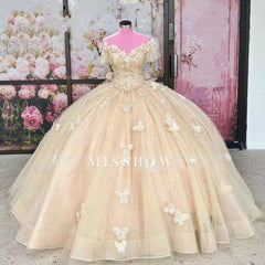 Misshow Off-Shoulder Ball Gown 3D Butterfly Lace Appliques & Beaded Champagne Tulle Quinceanera Dress for Sweet 16