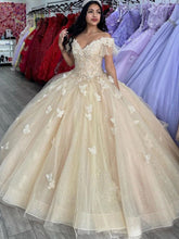 Misshow Off-Shoulder Ball Gown 3D Butterfly Lace Appliques & Beaded Champagne Tulle Quinceanera Dress for Sweet 16