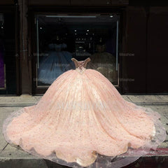 Misshow Off-Shoulder Ball Gown 3D Floral Applique & Beaded Pink Tulle Quinceanera Dress for Princess Parties & Sweet 16 Celebrations