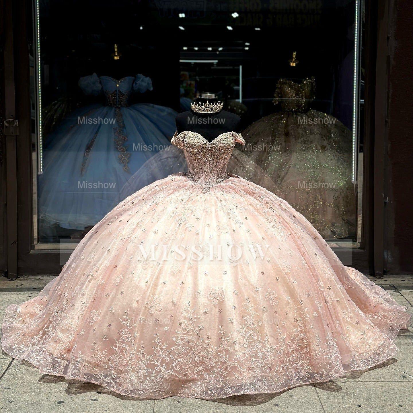 Misshow Off-Shoulder Ball Gown 3D Floral Applique & Beaded Pink Tulle Quinceanera Dress for Princess Parties & Sweet 16 Celebrations