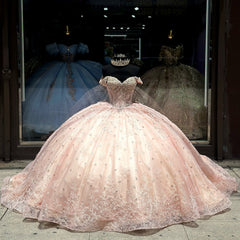 Misshow Off-Shoulder Ball Gown 3D Floral Applique & Beaded Pink Tulle Quinceanera Dress for Princess Parties & Sweet 16 Celebrations