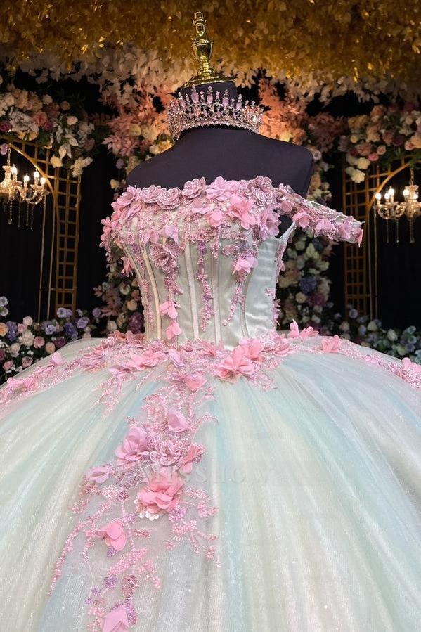 Misshow Off-Shoulder Ball Gown 3D Pink Floral Pleated Sparkle Tulle Quinceanera & Sweet 16 Birthday Party Dress