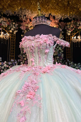 Misshow Off-Shoulder Ball Gown 3D Pink Floral Pleated Sparkle Tulle Quinceanera & Sweet 16 Birthday Party Dress