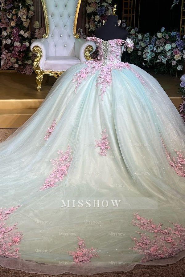 Misshow Off-Shoulder Ball Gown 3D Pink Floral Pleated Sparkle Tulle Quinceanera & Sweet 16 Birthday Party Dress