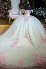 Misshow Off-Shoulder Ball Gown 3D Pink Floral Pleated Sparkle Tulle Quinceanera & Sweet 16 Birthday Party Dress