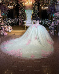 Misshow Off-Shoulder Ball Gown 3D Pink Floral Pleated Sparkle Tulle Quinceanera & Sweet 16 Birthday Party Dress