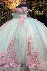Misshow Off-Shoulder Ball Gown 3D Pink Floral Pleated Sparkle Tulle Quinceanera & Sweet 16 Birthday Party Dress