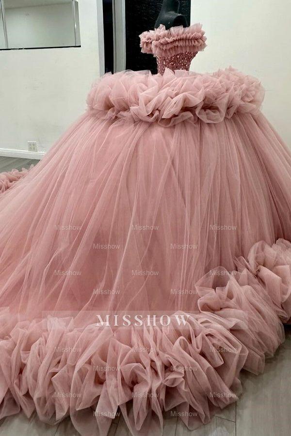 Misshow Off-Shoulder Ball Gown Beaded Crystal Sequins Tiered Pink Tulle Quinceanera & Formal Evening Dress