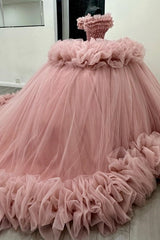 Misshow Off-Shoulder Ball Gown Beaded Crystal Sequins Tiered Pink Tulle Quinceanera & Formal Evening Dress