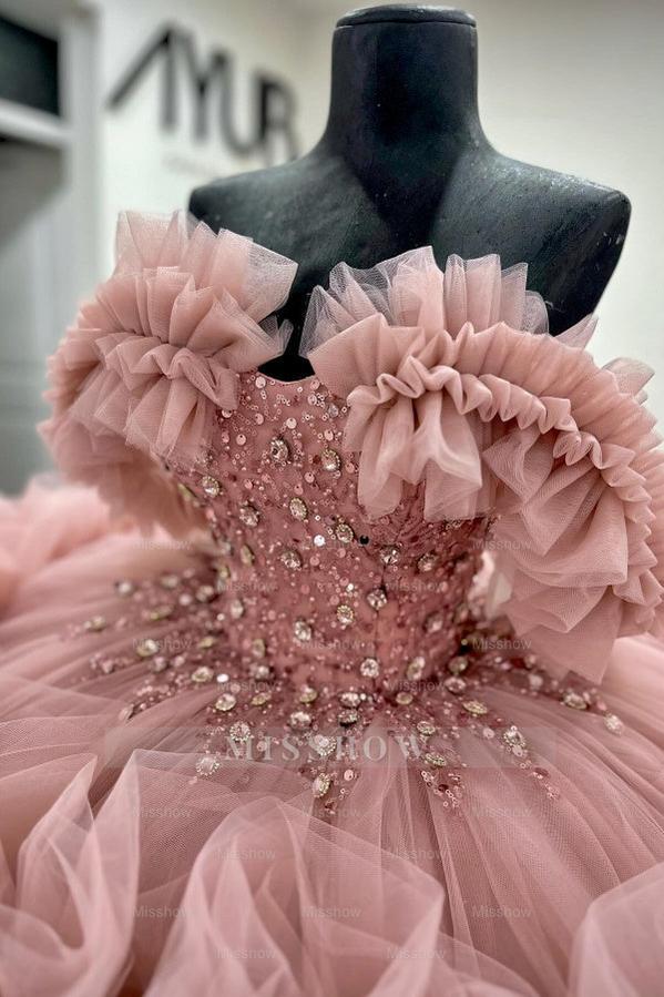 Misshow Off-Shoulder Ball Gown Beaded Crystal Sequins Tiered Pink Tulle Quinceanera & Formal Evening Dress