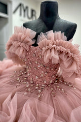 Misshow Off-Shoulder Ball Gown Beaded Crystal Sequins Tiered Pink Tulle Quinceanera & Formal Evening Dress