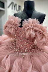 Misshow Off-Shoulder Ball Gown Beaded Crystal Sequins Tiered Pink Tulle Quinceanera & Formal Evening Dress