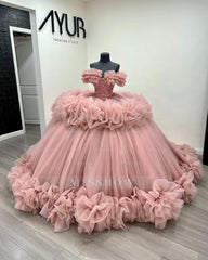 Misshow Off-Shoulder Ball Gown Beaded Crystal Sequins Tiered Pink Tulle Quinceanera & Formal Evening Dress