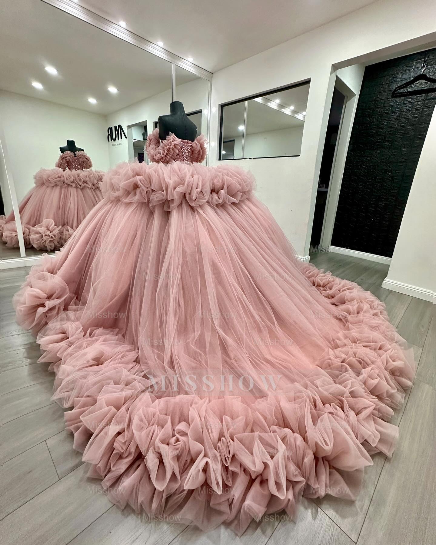 Misshow Off-Shoulder Ball Gown Beaded Crystal Sequins Tiered Pink Tulle Quinceanera & Formal Evening Dress