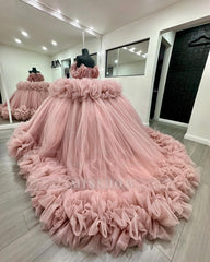 Misshow Off-Shoulder Ball Gown Beaded Crystal Sequins Tiered Pink Tulle Quinceanera & Formal Evening Dress