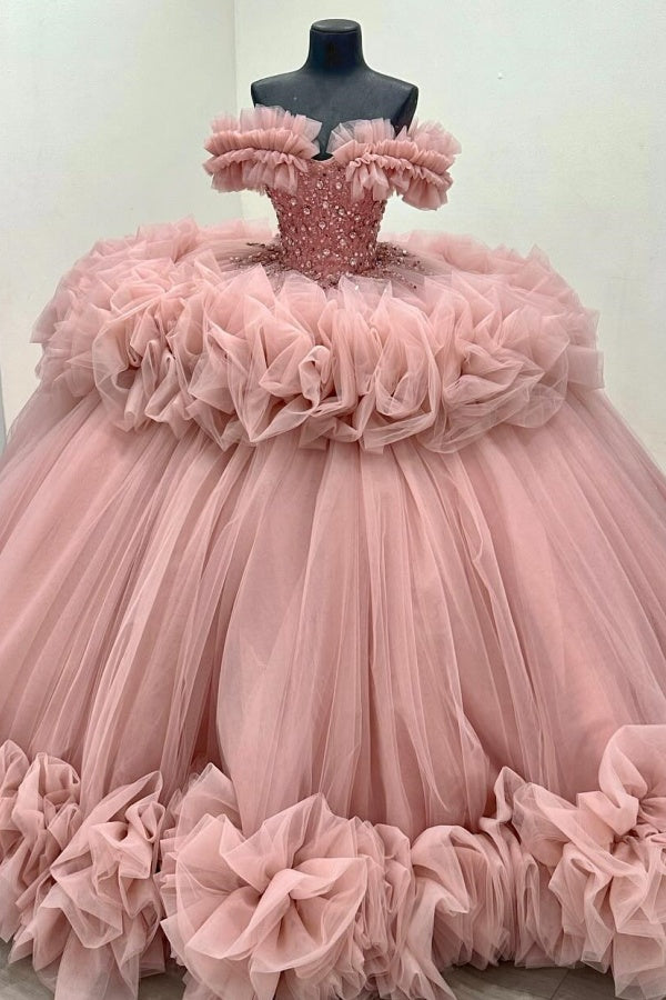 Misshow Off-Shoulder Ball Gown Beaded Crystal Sequins Tiered Pink Tulle Quinceanera & Formal Evening Dress