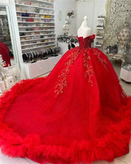 Misshow Off-Shoulder Ball Gown Beaded Lace Appliques & Ruffled Red Tulle Quinceanera Dress for Sweet 16 & Birthday Galas
