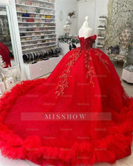 Misshow Off-Shoulder Ball Gown Beaded Lace Appliques & Ruffled Red Tulle Quinceanera Dress for Sweet 16 & Birthday Galas
