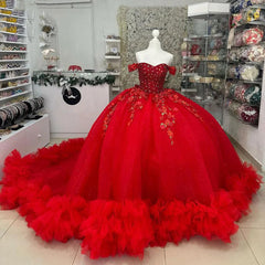 Misshow Off-Shoulder Ball Gown Beaded Lace Appliques & Ruffled Red Tulle Quinceanera Dress for Sweet 16 & Birthday Galas