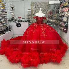 Misshow Off-Shoulder Ball Gown Beaded Lace Appliques & Ruffled Red Tulle Quinceanera Dress for Sweet 16 & Birthday Galas