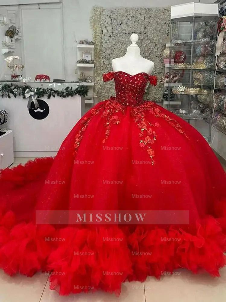 Misshow Off-Shoulder Ball Gown Beaded Lace Appliques & Ruffled Red Tulle Quinceanera Dress for Sweet 16 & Birthday Galas