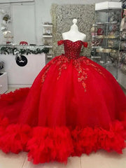 Misshow Off-Shoulder Ball Gown Beaded Lace Appliques & Ruffled Red Tulle Quinceanera Dress for Sweet 16 & Birthday Galas