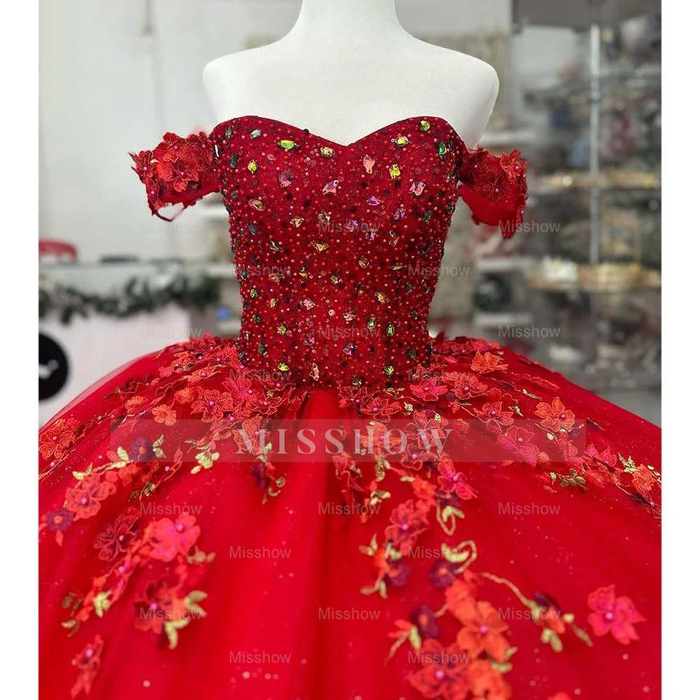 Misshow Off-Shoulder Ball Gown Beaded Lace Appliques & Ruffled Red Tulle Quinceanera Dress for Sweet 16 & Birthday Galas