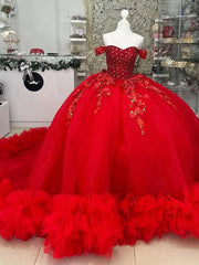 Misshow Off-Shoulder Ball Gown Beaded Lace Appliques & Ruffled Red Tulle Quinceanera Dress for Sweet 16 & Birthday Galas