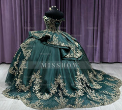 Misshow Off-Shoulder Ball Gown Beaded Lace Appliques on Emerald Tulle for Quinceanera Sweet 16 & Formal Events
