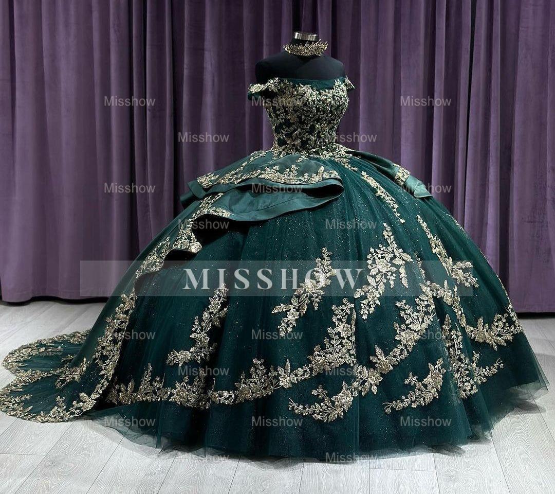 Misshow Off-Shoulder Ball Gown Beaded Lace Appliques on Emerald Tulle for Quinceanera Sweet 16 & Formal Events
