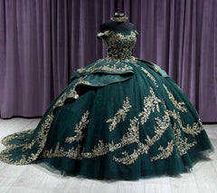 Misshow Off-Shoulder Ball Gown Beaded Lace Appliques on Emerald Tulle for Quinceanera Sweet 16 & Formal Events