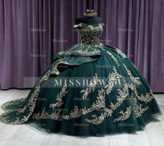 Misshow Off-Shoulder Ball Gown Beaded Lace Appliques on Emerald Tulle for Quinceanera Sweet 16 & Formal Events
