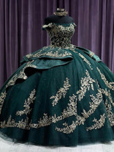 Misshow Off-Shoulder Ball Gown Beaded Lace Appliques on Emerald Tulle for Quinceanera Sweet 16 & Formal Events