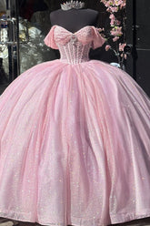 Misshow Off-Shoulder Ball Gown Beaded Pleated Tulle Quinceanera Dress for Sweet 16 & Birthday Parties
